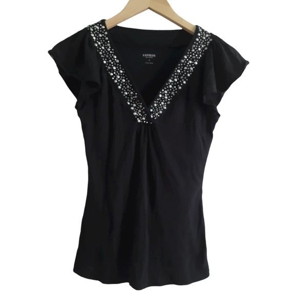 Express Sexy Basic Beaded V-Neckline Short Sleeve Cotton Blend Top Size Small - Picture 1 of 5